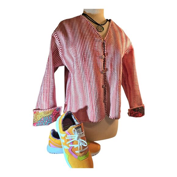 Artisan screen-print quilted jacket, jungle leopards, 100 % cotton, reversible - Picture 12 of 14